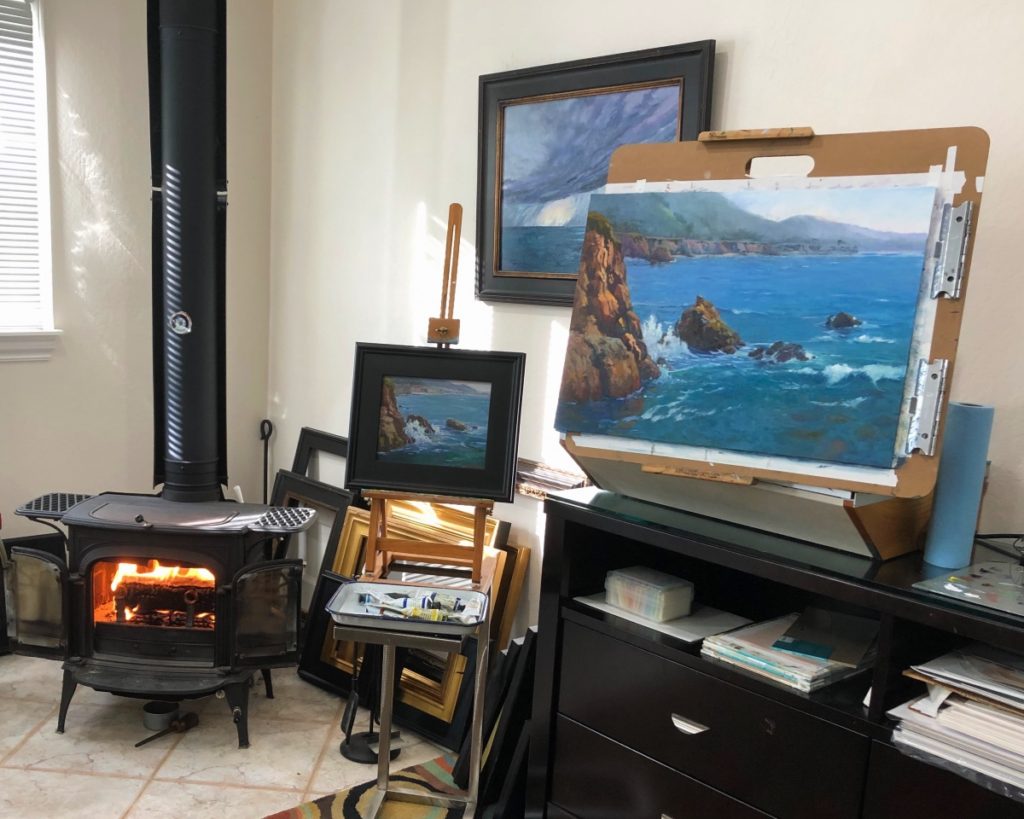 Seascape painting by the fire