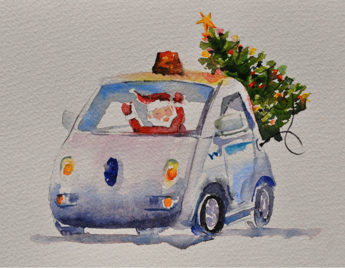 Self driving car with Santa and a Christmas Tree