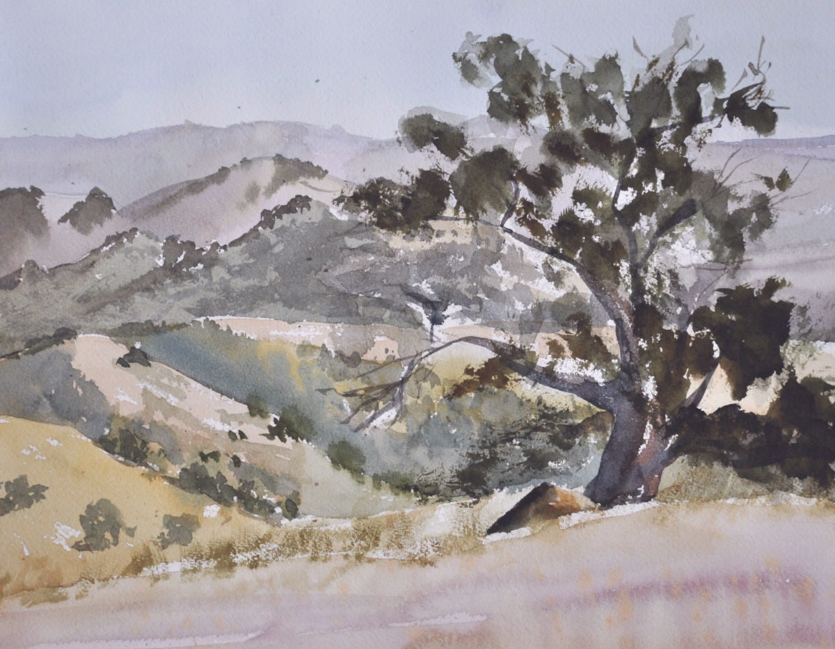 Plein air watercolor study vista from Mount Diablo